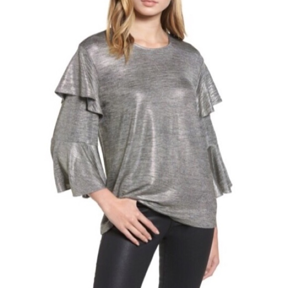 NEW Bardot Metallic Ruffle Sleeve Top